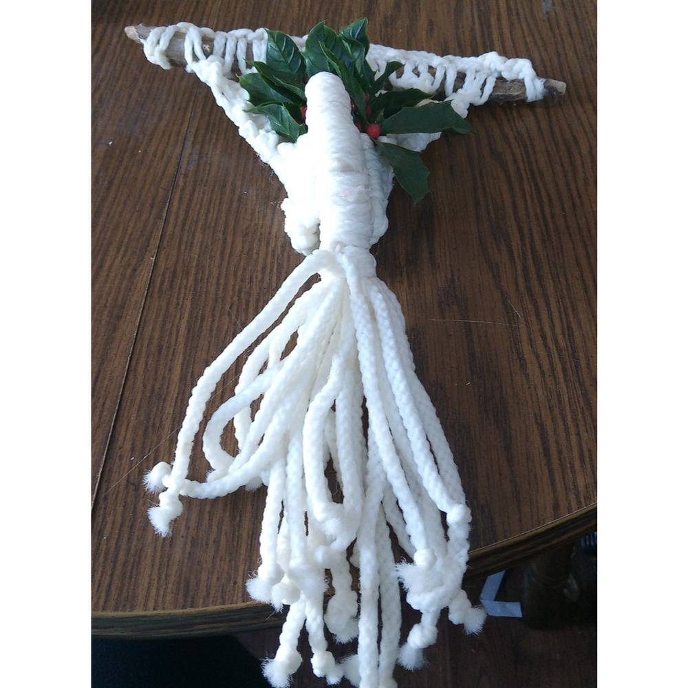 White Crocheted Wall Hanging With Plastic Holly